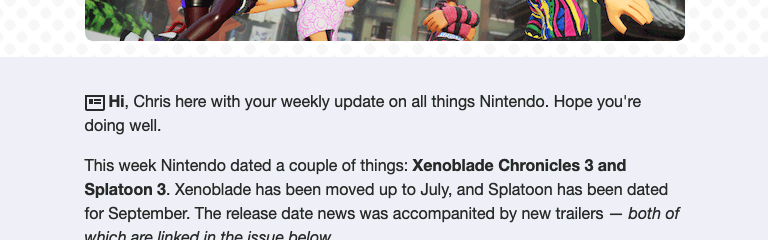 A screenshot of the newsletter intro with a newspaper icon right before the text.