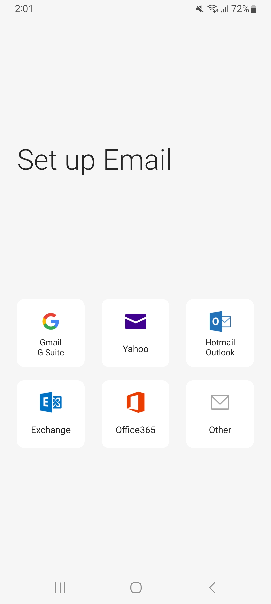 A screenshot from the Set up Email screen of the Samsung Email app.